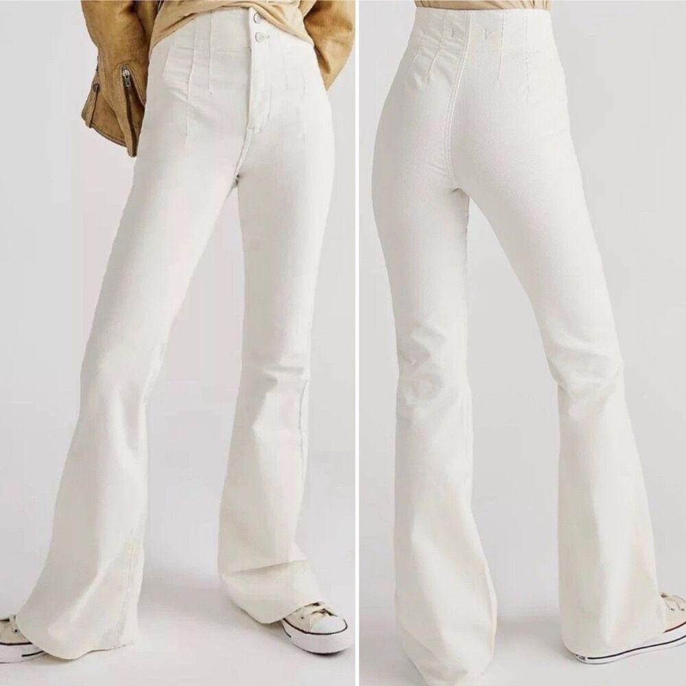 NWT We The Free People Size 32 Jayde Cord Flare Jeans High Rise Stretch White - Picture 3 of 16
